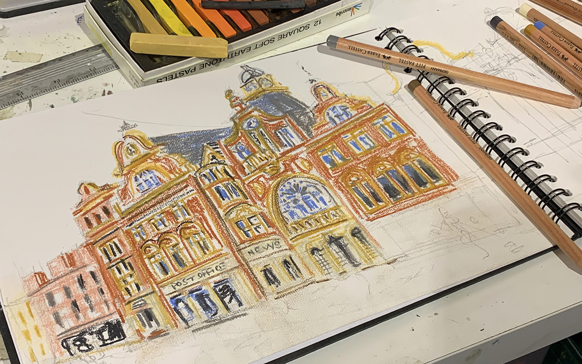 Royal Arcade sketch in progress