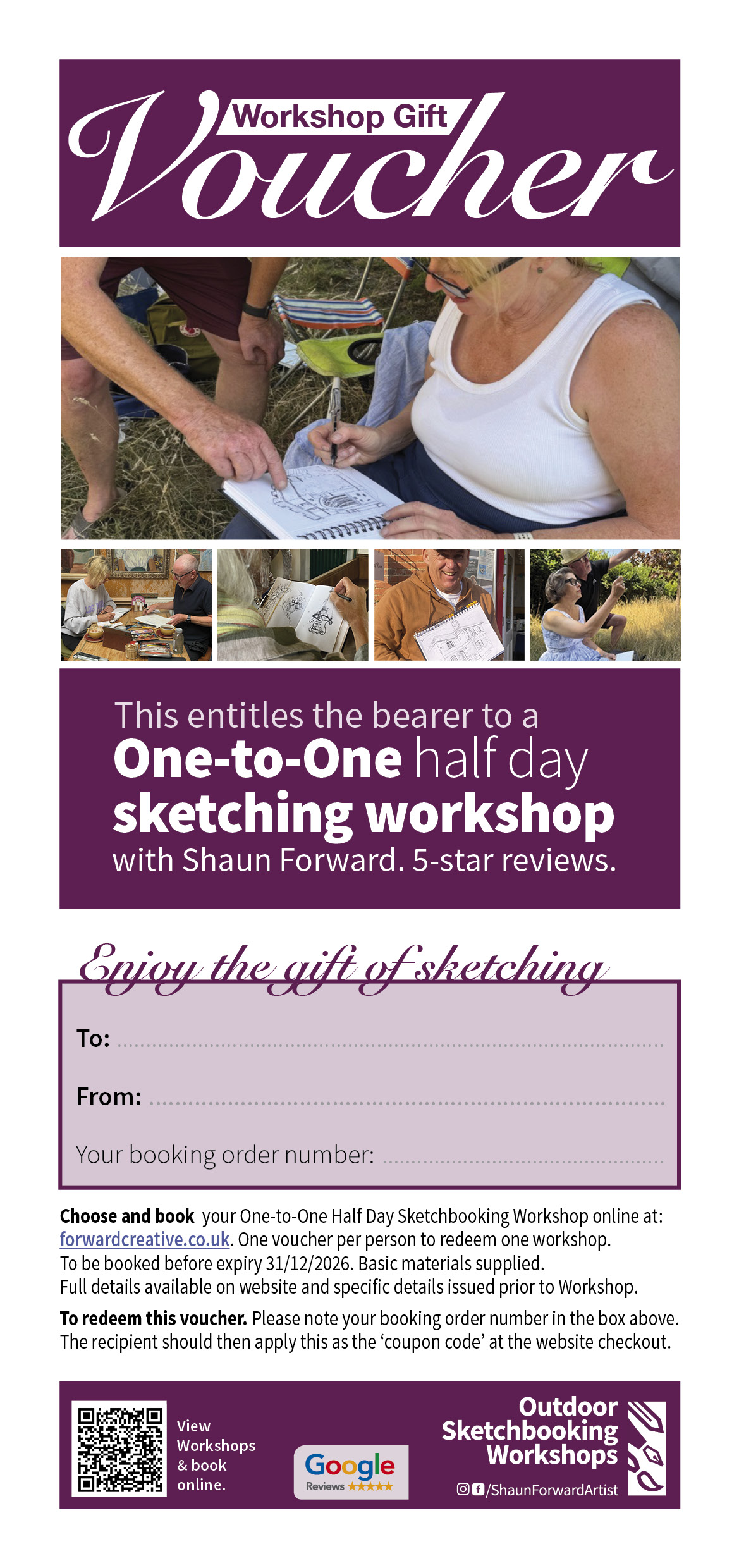 One-to-One Half Day Sketching Workshops DL Vertical Gift Voucher exp 3112262